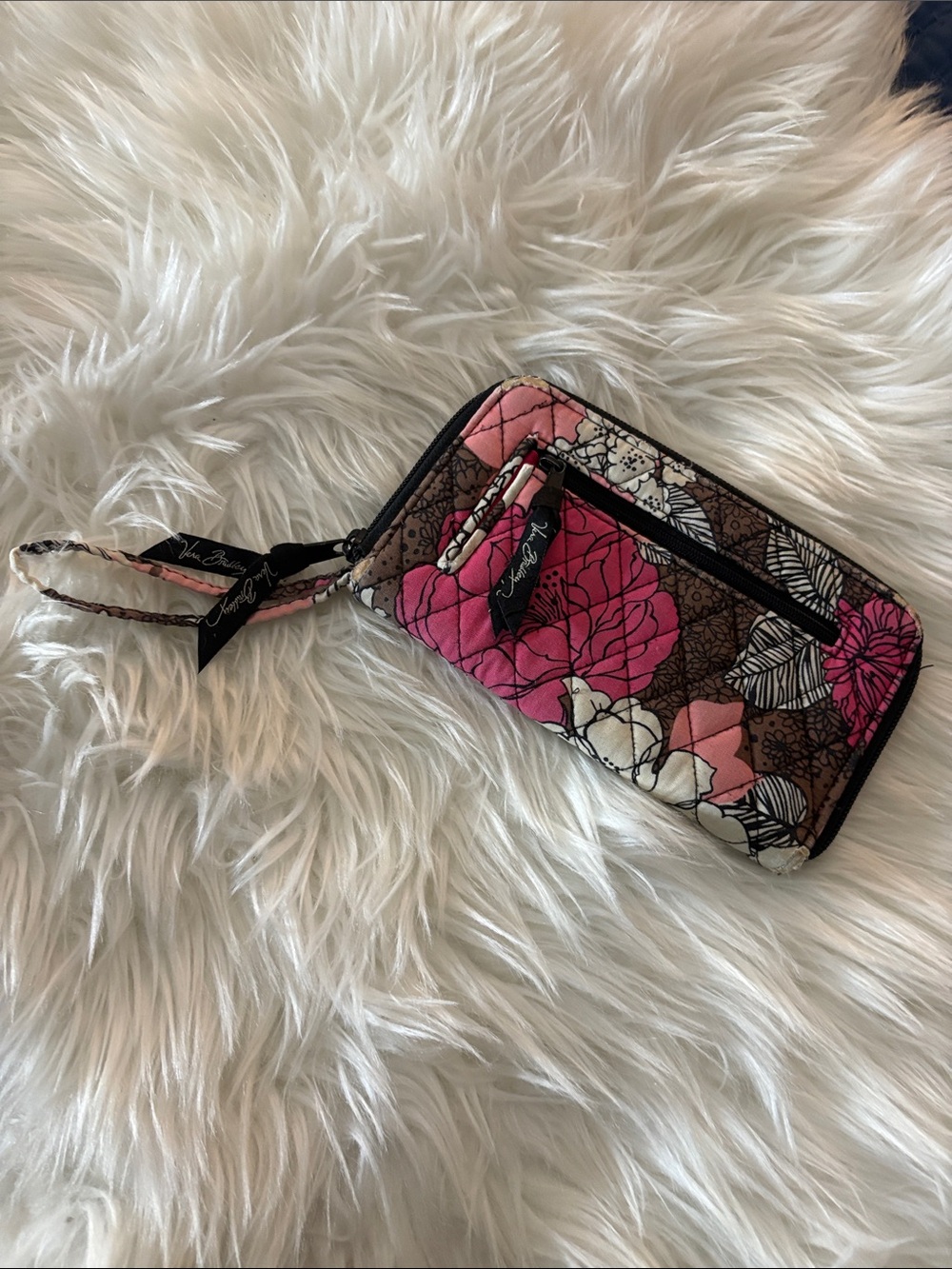 Vera Bradley Brown Quilted Wallet with Pink & Cream Floral Print